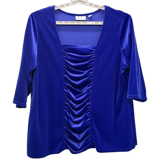 Avenue Women’s Plus Size 22/24 Blue Velvet Ruched Front Top 3/4 Sleeve