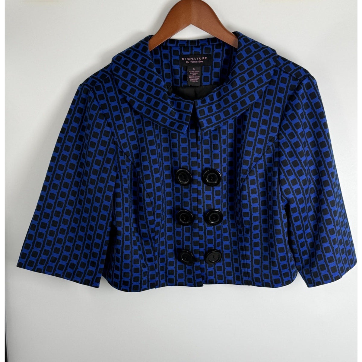 Signature Robbie Bee Retro Mod Blue Black Graphic Cropped Jacket Size 12