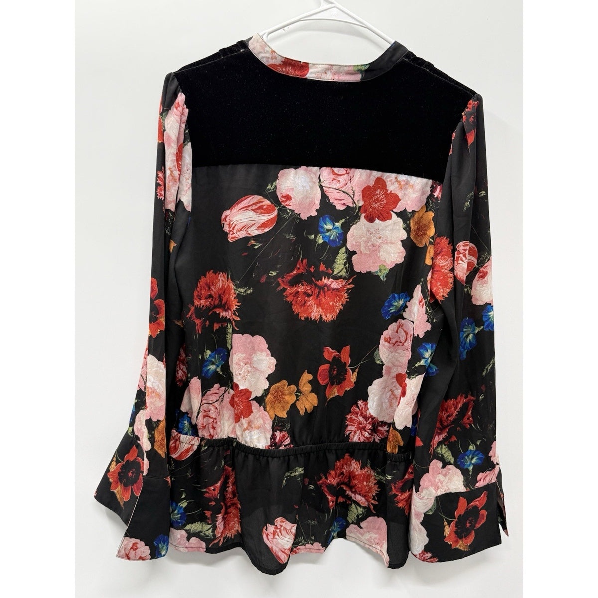 Worthington Blouse Women’s L Floral Velvet Yoke Tie Neck Peplum Bell Sleeve Boho