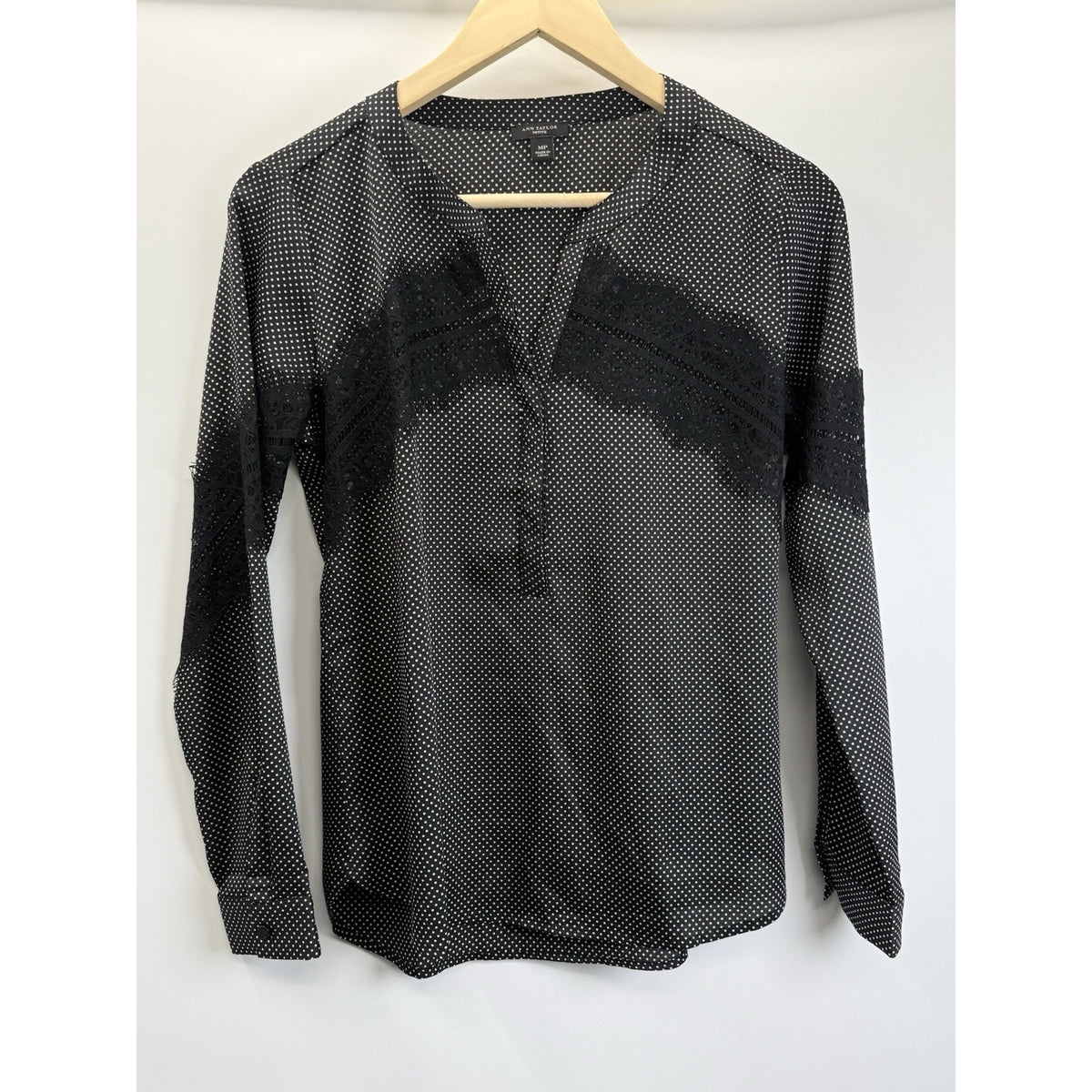 Ann Taylor Petite Polka Dot Lace Trim Blouse MP Black White Sheer Feminine