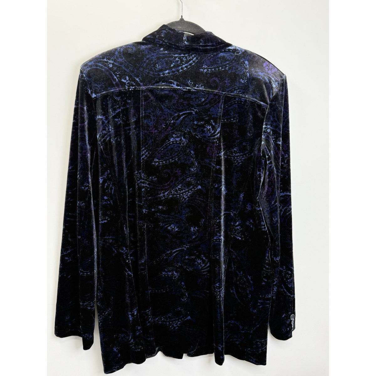 IMAN Velvet Paisley Drapey Blazer Jacket Blue Purple Stretch XL Open Front