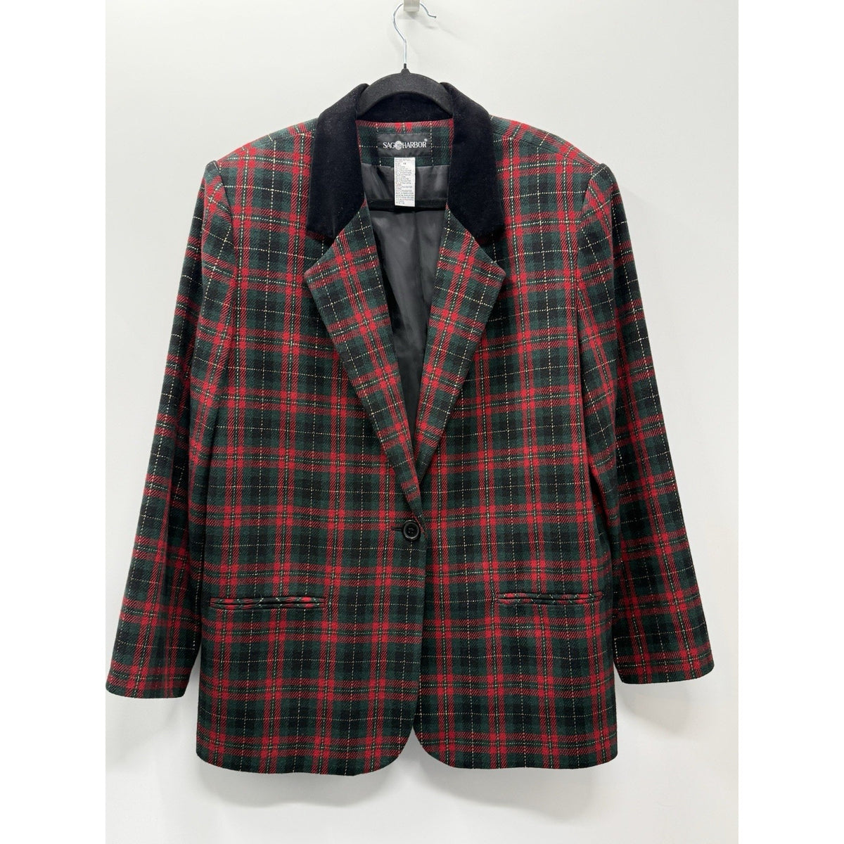 Sag Harbor Plaid Blazer Jacket Women 18 Red Green Black Velvet Holiday Christmas