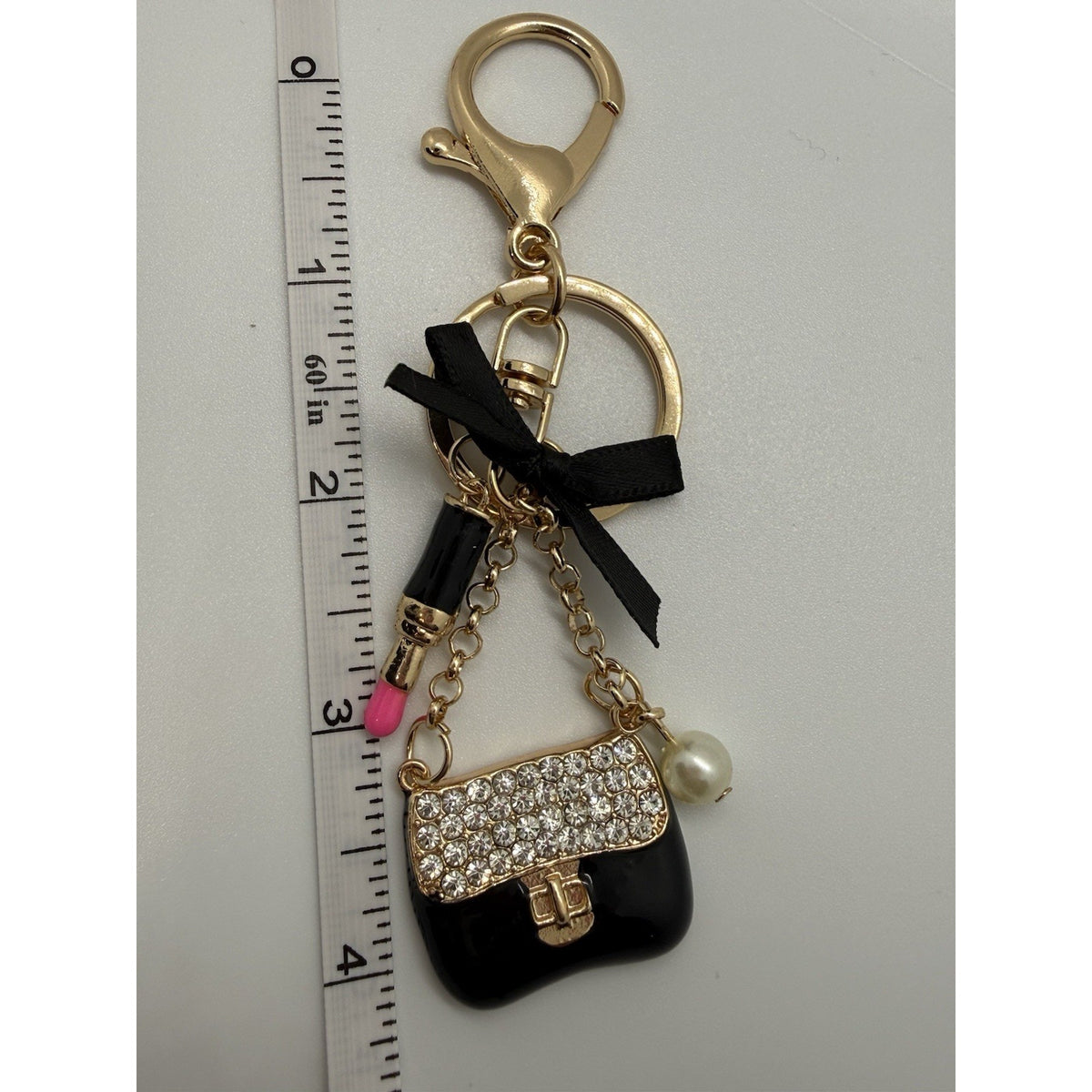 Handbag Purse Charm Keychain Women’s Rhinestone Bag Lipstick Gold Tone Keyring