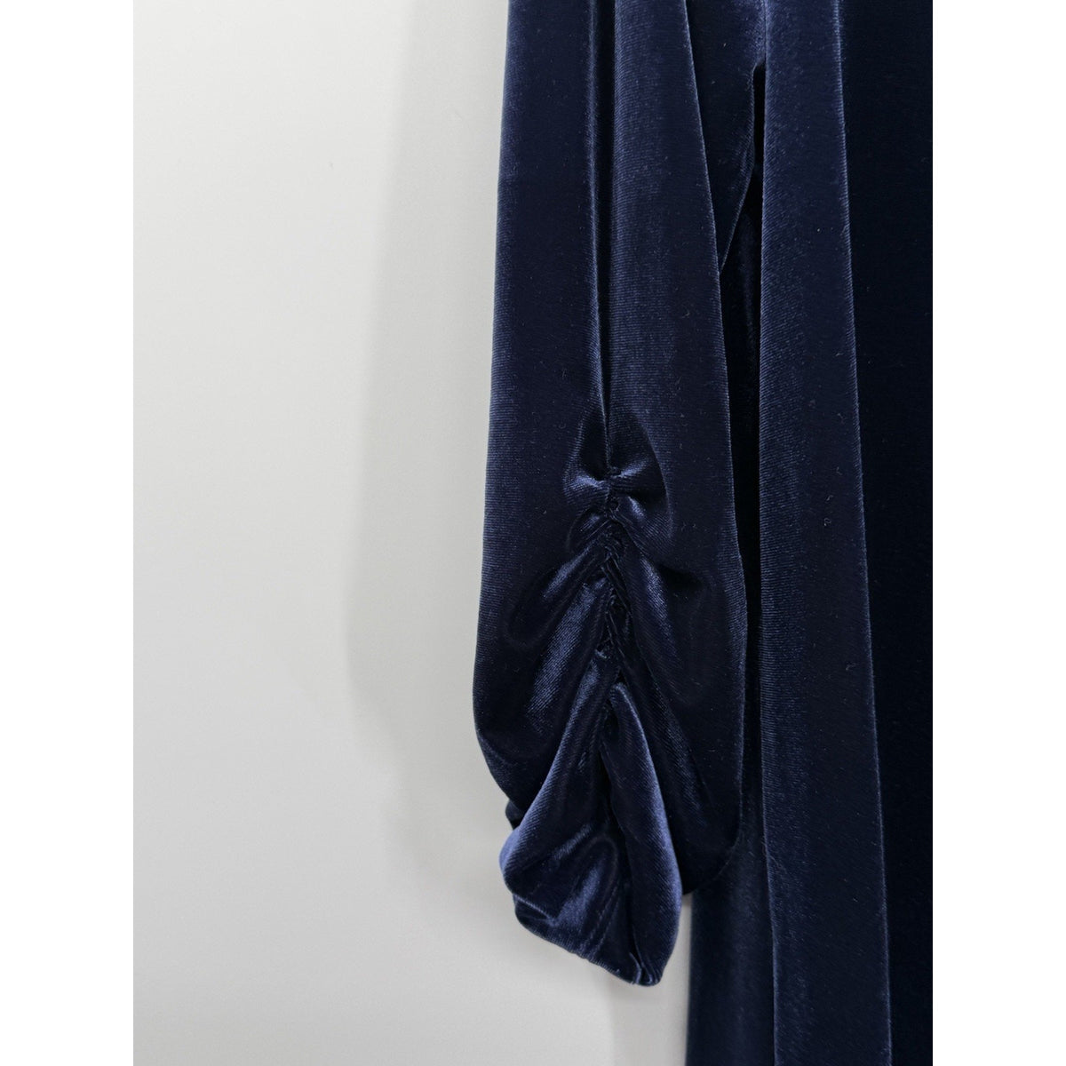Susan Graver L Velvet Dress Navy Midi Ruched Sleeve Stretch Elegant Soft