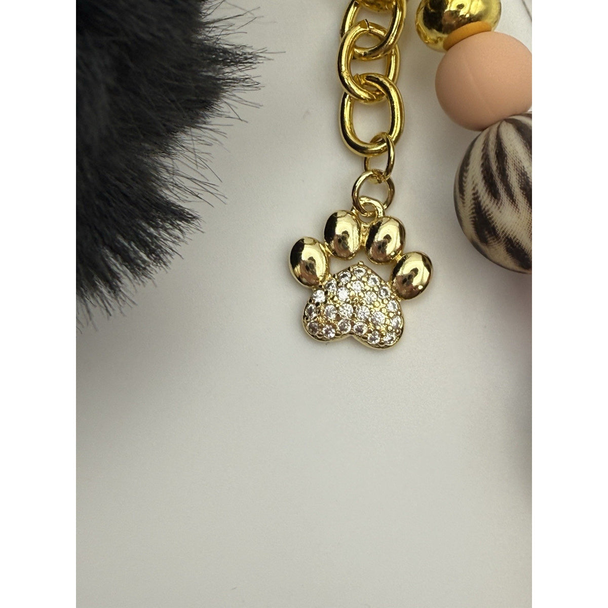 Keychain Gold Dog Paw Charm Black Pom Pom Purse Charm Neutral Chic