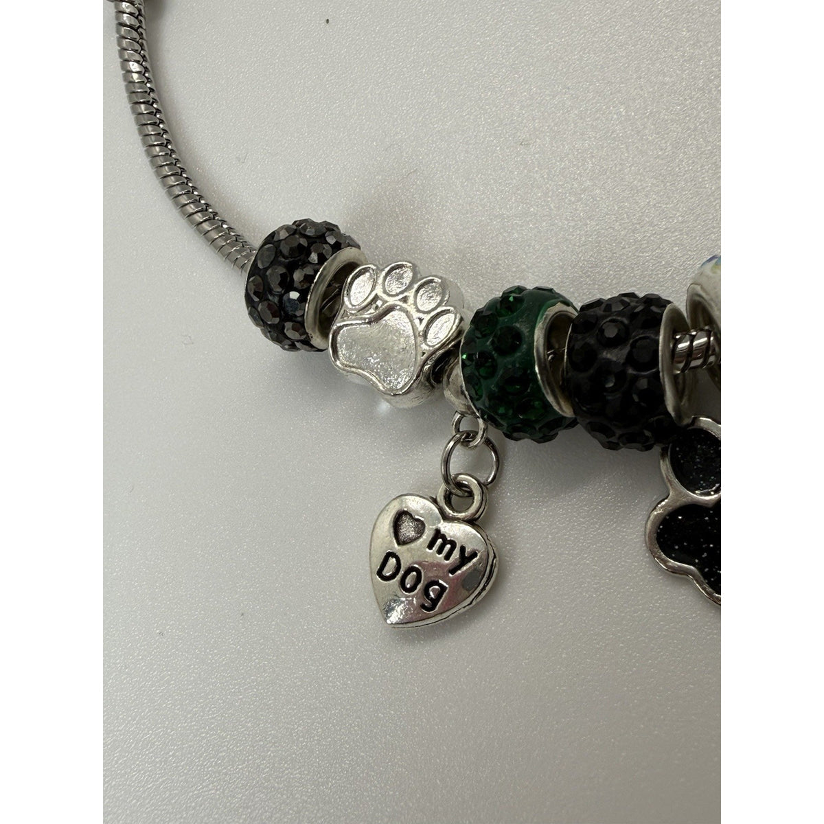 Handmade Dog Lover Charm Bracelet Paw Print Green Black Crystal Beaded