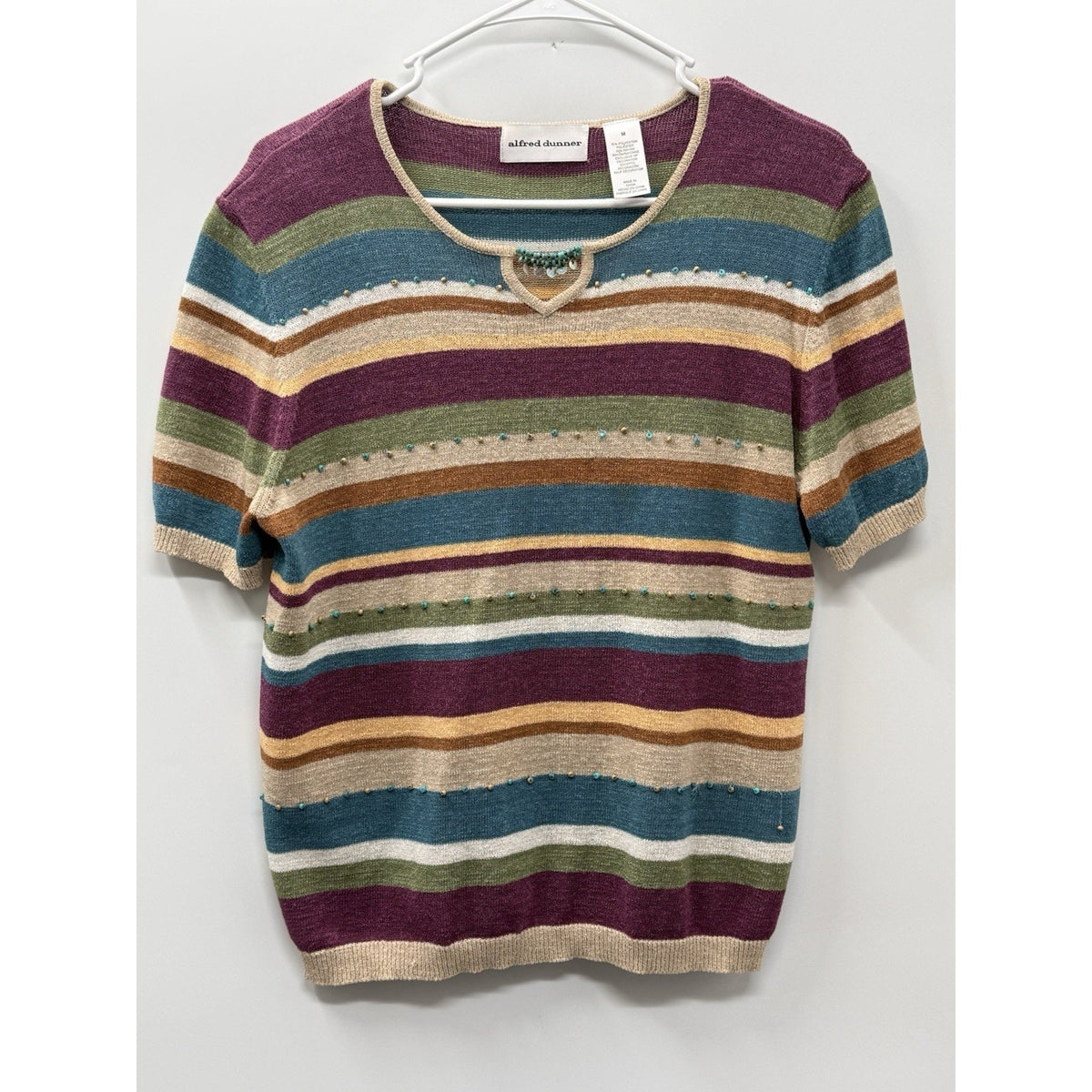 Alfred Dunner Vintage Striped Sweater Top Med Beaded Shoulder Pads Short Sleeve.