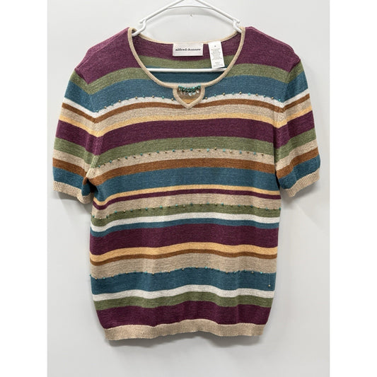 Alfred Dunner Vintage Striped Sweater Top Med Beaded Shoulder Pads Short Sleeve.